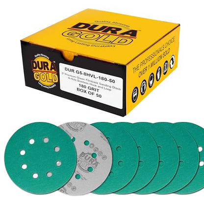 Dura-Gold 5" Green Film Sanding Discs, 180 Grit, 8-Hole, Box of 50, H & L - style: 180 Grit