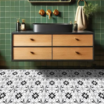 HOMETITUTE Black White Retro Peel Stick Vinyl Floor Tile 12x12 Inch - style: Black and Gray Vintage Floral