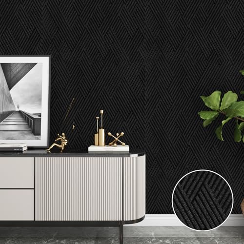 Decotalk Black Textured Geometric Peel and Stick Wallpaper - Black Textured Wallpaper for Bedroom 17.7x200 Inch Geometric Wall Paper Removable Dark Cabinets Vinyl Wrap, Renter Friendly - size: 17.7" x 200"