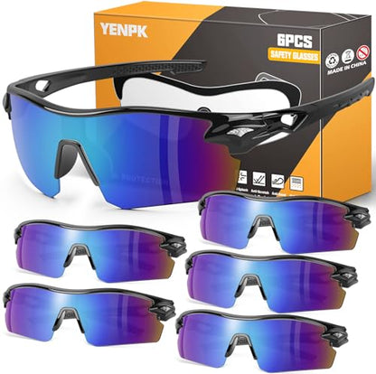 6 Pack Safety Glasses, ANSI Z87.1+UV Protective Eyewear, Impact Resistant Anti-Scratch Safety Goggles for Men Women - color: Blue Mirrored