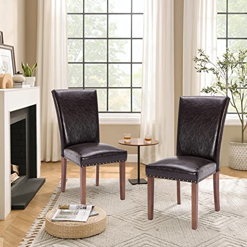 Parsons Dining Chairs Set of 4, Upholstered Nailhead PU Leather Dining Room Kitchen Side Chair with Thick Cushions and Wood Legs, Dark Brown - color: Dark Brown, size: set of 4
