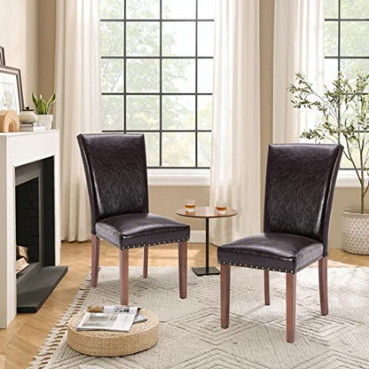 Parsons Dining Chairs Set of 4, Upholstered Nailhead PU Leather Dining Room Kitchen Side Chair with Thick Cushions and Wood Legs, Dark Brown - color: Dark Brown, size: set of 4