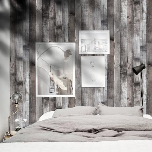 Peel and Stick Wood Wallpaper Grey/Black Vinyl 17.3"×200" Contact Paper Self Adhesive Thick Waterproof Self Adhesive for Cabinets liveroom - color: Grey/Black, size: 17.3" x 200"