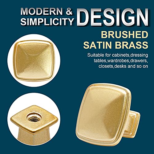 25 Pack Brushed Brass Cabinet Knobs, 1-1/5" Square