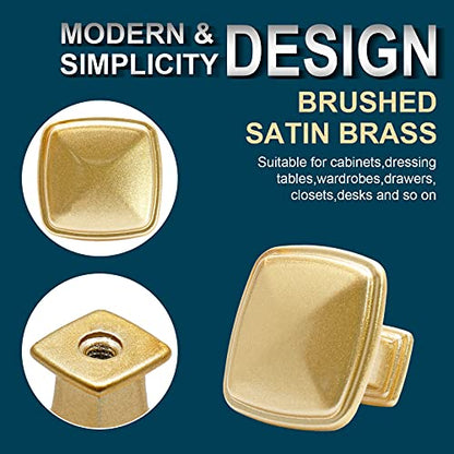 25 Pack Brushed Brass Cabinet Knobs, 1-1/5" Square