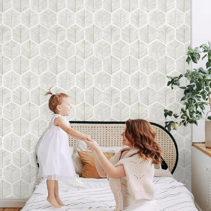 MelunMer Geometric Peel and Stick Wallpaper Boho Beige White 17.3''×118'' - color: Beige, size: 118"×17.3" (14.2 sq.ft)