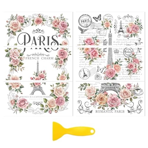 Peacoblue Floral Paris Tower Rub On Transfers for Furniture 6"x12" - style: Retro Floral Shading Paris Tower