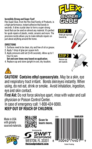 Flex Super Glue Gel, 20 Gram Bottle, 1-Pack, Clear, Instant Bond, Quick Dry, Cyanoacrylate Adhesive, Precision Tip for Wood, Metal, Plastic, Crafts, Ceramic, and Toy Repairs - size: 1-Pack, style: Gel 20 Gram Bottle