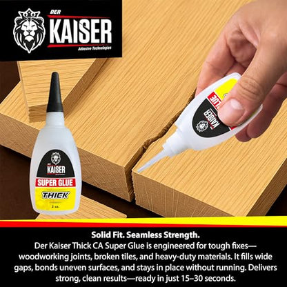 Der Kaiser Thick CA Super Glue (2 oz) – Gap-Filling Cyanoacrylate Adhesive – 15-30 Sec Cure – Pro Kit with Microtips – Wood, Plastic, Metal, 3D Printing, Hobby Models, DIY Repairs – 1,000-1,500 CPS - size: 2 oz