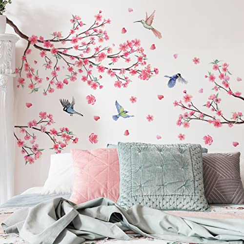 iMagitek Large Cherry Blossom Wall Stickers Pink Flowers Tree Branch Birds Floral Cherry Blossom Wall Decals for Bedroom Living Room Sofa TV Background - style: Cherry Blossom