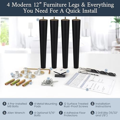 Airy Abode Premium Black Wood Furniture Legs (Full Install Kit) - Pick Your Size and Color - color: Black, size: 12 Inches