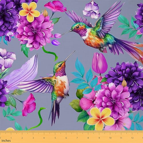 Feelyou Hummingbird Fabric by The Yard, Farmhouse Tropical Birds Floral Upholstery Fabric for Chairs, Watercolor Hummingbird Flowers Decorative Waterproof Outdoor Fabric, 1 Yard, Purple Gray - color: Multi 16, size: 10 Yards