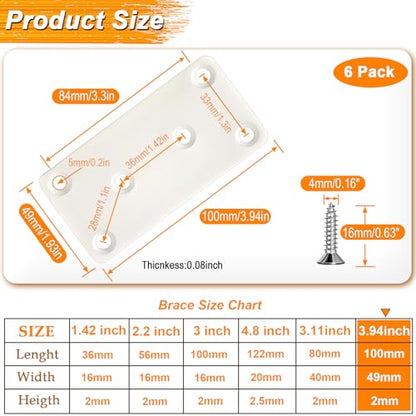 6 Pack White Mending Plates 3.94 x 1.93 x 0.08 inch Flat Brackets - size: 3.94 x 1.93 x 0.08 inch/100 x 49 x 2 mm