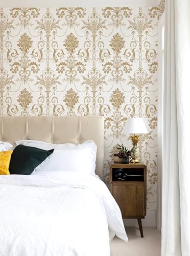 Damask Floral Peel and Stick Wallpaper Removable Gold Flowers Contact Paper - color: Gold, size: 17.3" x 197"