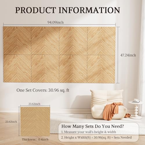Acoustic Wall Panels, 8 Piece 23.62" X 23.62" Peel and Stick Wall Panels - color: Timber Vee Herringbone, size: 94 X 48 Inches