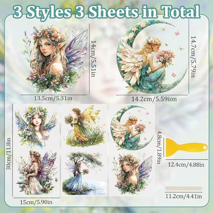 WANDIC 3 Sheets Fairy Rub On Transfers Flower Scrapbook Stickers Elf Window Decals Sprite Waterproof Stickers Pixie Cup Wraps for DIY Furniture Photo Albums,15 * 30cm - color: Flower Elves