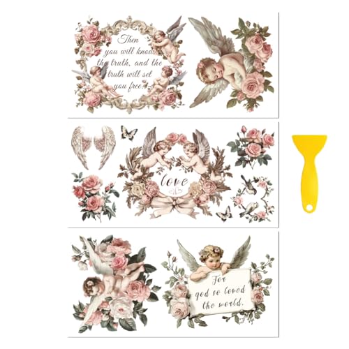 Peacoblue Flower and Angels Rub On Transfers for Furniture Craft 6"x12" - style: Retro Flower and Angels