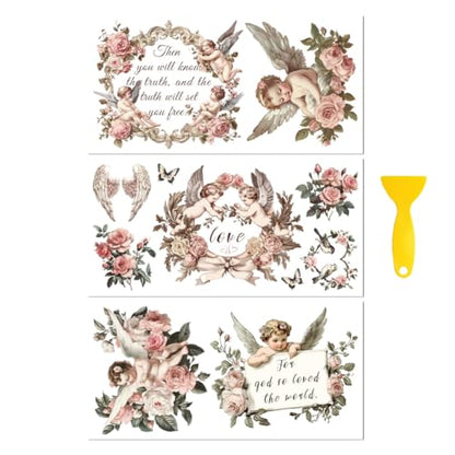 Peacoblue Flower and Angels Rub On Transfers for Furniture Craft 6"x12" - style: Retro Flower and Angels