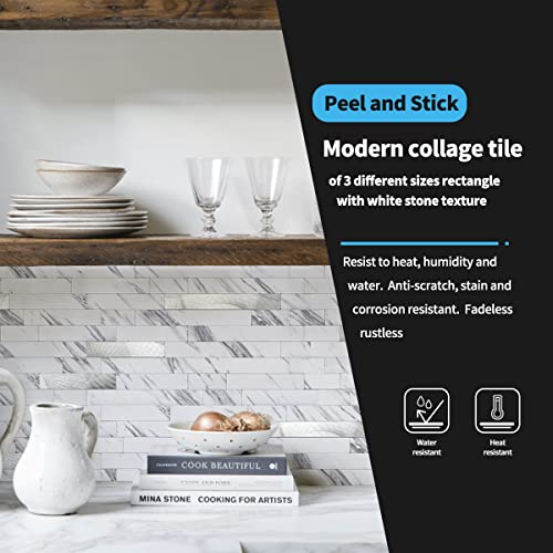 Art3d Faux Stone Peel & Stick Backsplash Tile, 10 pcs, Plain White Marble - color: White Slate with Silver Studded, size: 13.4" x 11.8"
