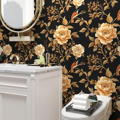 Laatse Dark Floral Bird Wallpaper Peel and Stick 17.5"x 393",Black/Golden - color: Black and Gold Bird, size: 17.5" x 393"