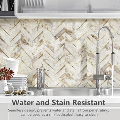 STICKGOO Herringbone Tile Peel and Stick Backsplash for Kitchen&Bathroom - color: Polished Pandora Marble Mixed Metal Gold