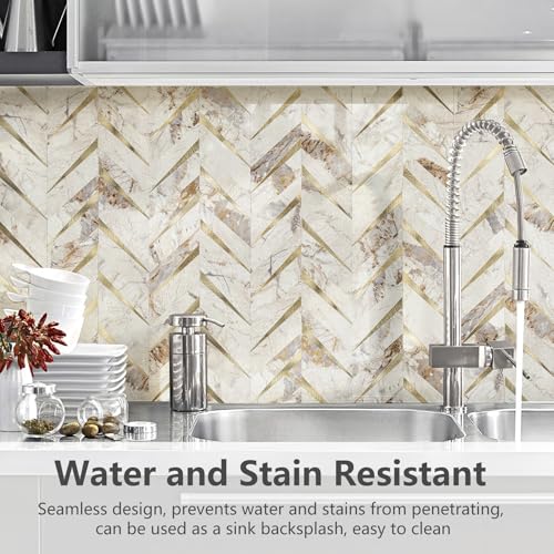 STICKGOO Herringbone Tile Peel and Stick Backsplash for Kitchen&Bathroom - color: Polished Pandora Marble Mixed Metal Gold