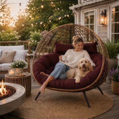 Outdoor Double Egg Chair Cushion Replacement Waterproof Thickened Cotton Hanging Basket Egg Chair Cushion 55x35 Inch Universal Fit for Patio Wicker Swing Chair (Red) (Cushion ONLY) - color: Red