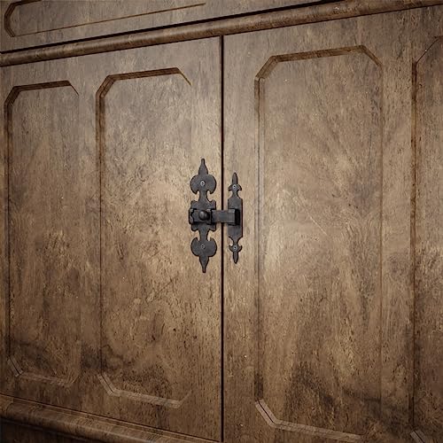 Renovators Supply Manufacturing Cabinet Latch 6 in. X 4.5 in. Wrought Iron Fleur De Lis Cabinet Door Latch Lock with Mounting Hardware - size: Pack of 1