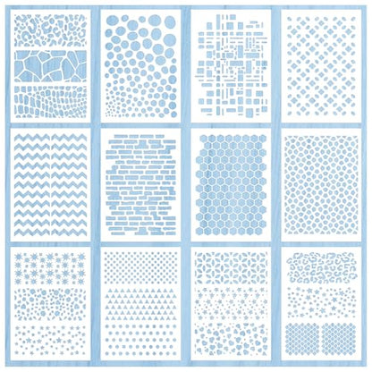 12 Pack Geometric Stencils for Painting, A4 Reusable Pattern Templates - style: JS-Shape