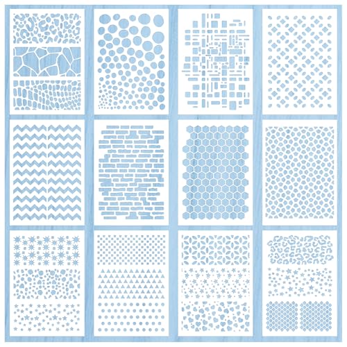 12 Pack Geometric Stencils for Painting, A4 Reusable Pattern Templates - style: JS-Shape
