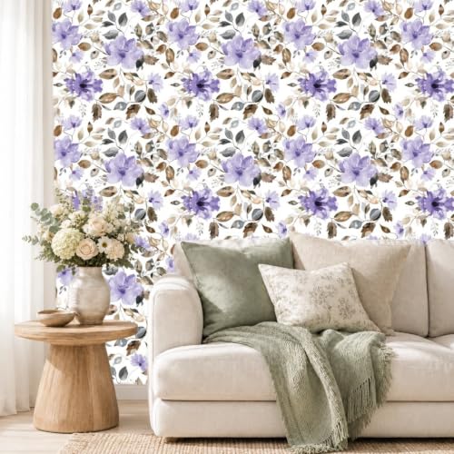Modern Purple Floral Peel and Stick Wallpaper 17.7" x 124" - color: Purple/Brown, size: 17.7" x 124"