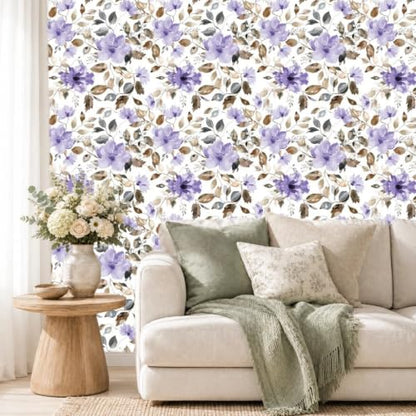 Modern Purple Floral Peel and Stick Wallpaper 17.7" x 124" - color: Purple/Brown, size: 17.7" x 124"
