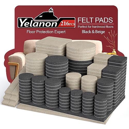 Felt Furniture Pads for Hardwood Floors -Yelanon Felt Pads for Chair Legs - size: 216 pcs Beige & Black
