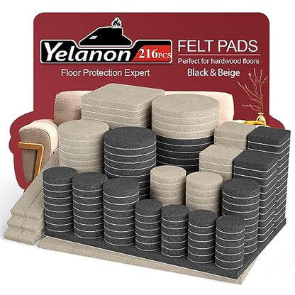 Felt Furniture Pads for Hardwood Floors -Yelanon Felt Pads for Chair Legs - size: 216 pcs Beige & Black