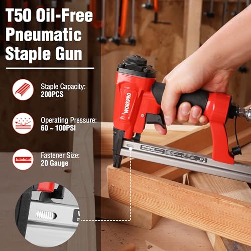 WORKPRO Pneumatic 20 Gauge Staple Gun, Oil-Free T50 Upholstery Stapler - size: 20 Gauge Oil-Free
