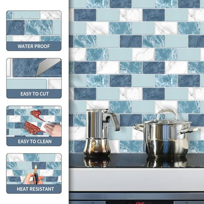 10 Sheets Peel and Stick Backsplash for Kitchen 12"X12" Renter Friendly Backsplash Back Splash Adhesive Subway Wall for Bathroom Deep Ocean Blue Marble Mixed Tile Sticker（Not 3D Tile