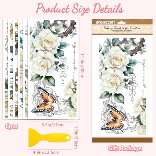 Peacoblue Vintage White Flower Rub On Transfers for Furniture Craft 6"x12" - style: Vintage White Flower