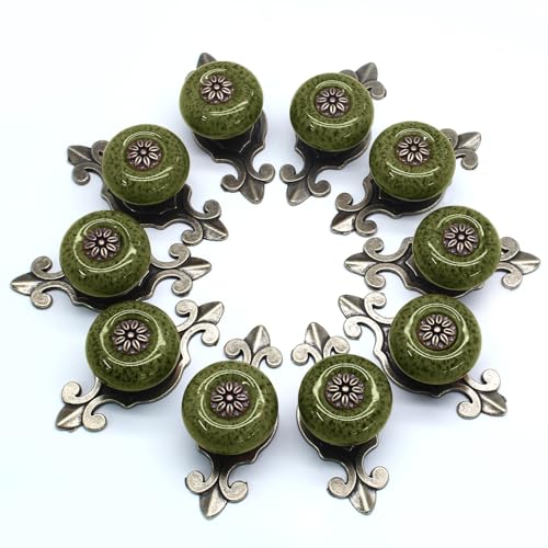 Ceramic Knobs with Pattern, Green, 10pcs - color: Green with Pattern, size: 10 Pieces