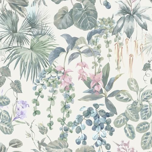 Ismoon Peel and Stick Wallpaper White and Green Stick on Wallpaper 17.3x78.7in Tropical Jungle Botanical Palm Leaf Contact Paper Removable Self Adhesive Wall Paper for Bedroom, Off White - color: Off-White, size: 17.3" x 78.7"