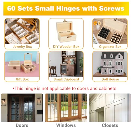 60 Sets Small Hinges with Screws, Mini Hinges 270° Folding Iron Hinge 0.6 in Gold Bronze Mini Hinge for DIY Boxes Wood Jewelry Box Hardware Gate Drawer Miniature Butt Tiny