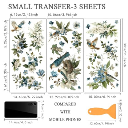 OLYCRAFT 3 Sheets/Set Flying Bird Rub on Transfers for Furniture and Craft 6x12 Inch Blooming Flower Furniture Decal Transfer Stickers Rub on Decal with 1Pc Scraper for Wooden Furnitures Home Decor - style: Flying bird