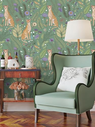 Floralplus Cheetah Peel and Stick Wallpaper Sage Green Wallpaper - color: Sage Green, size: 17.5" x 118"