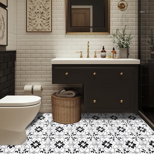 HOMETITUTE Black White Retro Peel Stick Vinyl Floor Tile 12x12 Inch - style: Black and Gray Vintage Floral