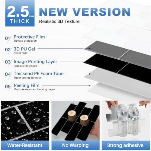 Thicker Design Peel and Stick Wall Tile，Self Adhesive Backsplash Tiles for Kitchen & Bathroom (10 Sheets, Black) - color: Black with Grey Grout