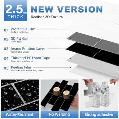 Thicker Design Peel and Stick Wall Tile，Self Adhesive Backsplash Tiles for Kitchen & Bathroom (10 Sheets, Black) - color: Black with Grey Grout