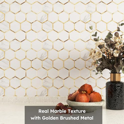 Diflart 10-Pack Peel and Stick White Gold Marble Hexagon Backsplash Tile - color: White Marble + Gold Metal Hexagon, size: 10 Sheets