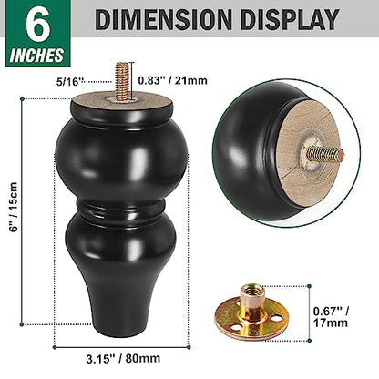 FoDau770 Rubber Wood Furniture Legs 6 Inch, Black Couch Legs, 4pcs - color: Black, size: 6 Inch