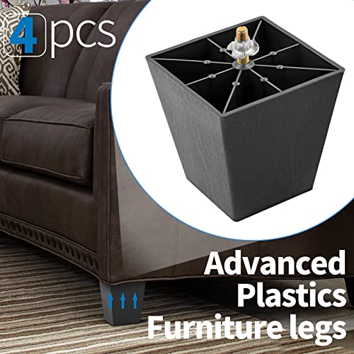 4pcs Plastic Square Legs 4" with T-Nuts, M8-1.25 Thread Bolt - size: 4 Inch, M8-1.25 Metric Thread Bolts
