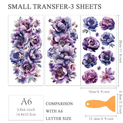 OLYCRAFT 3Pcs/Set Purple Flower Rub on Transfers for Furniture and Craft 6x12 Inch Peony Furniture Decal Transfer Sticker Rub on Decal with 1pc Scraper for Scrapbook Window Home Decoration - style: Purple Flower