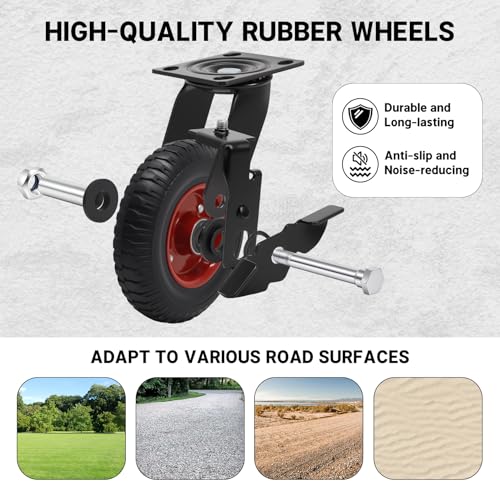 8 Inch Outdoor Heavy Duty Casters Wheels Set of 4, Sturdy Large Rubber Casters with Brake 2200 LBS, Industrial Grade Plate Swivel Castors with Knobby Tread for Dollies, Cart, Machine - size: 8 IN